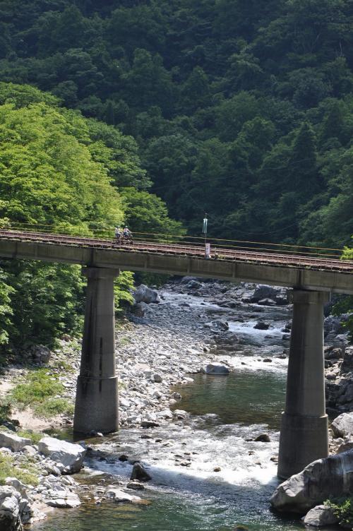 Image of two people riding a mountain bike on a rail above the bridge