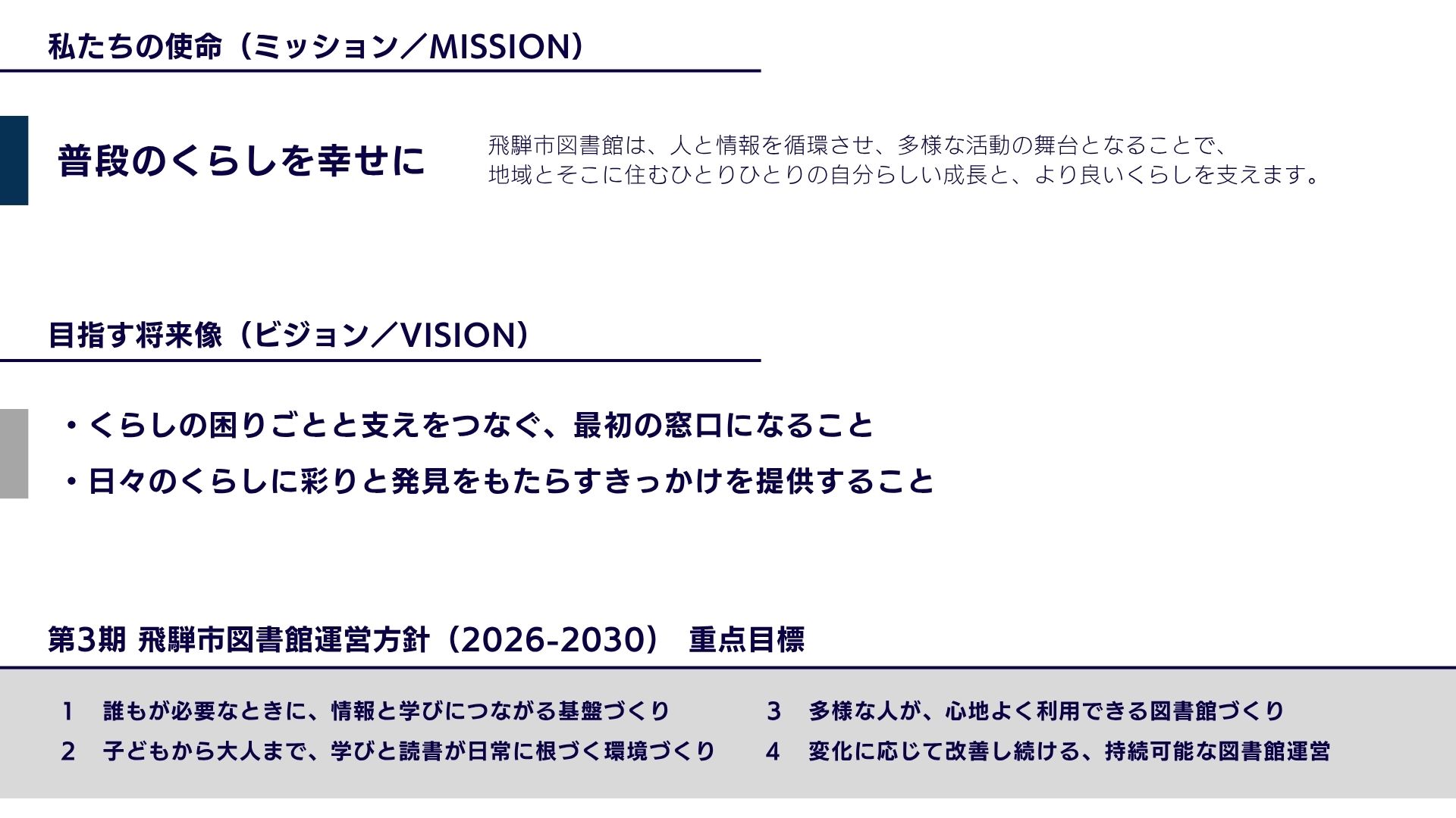 第3期飛騨市図書館運営方針のミッション、ビジョン、重点目標