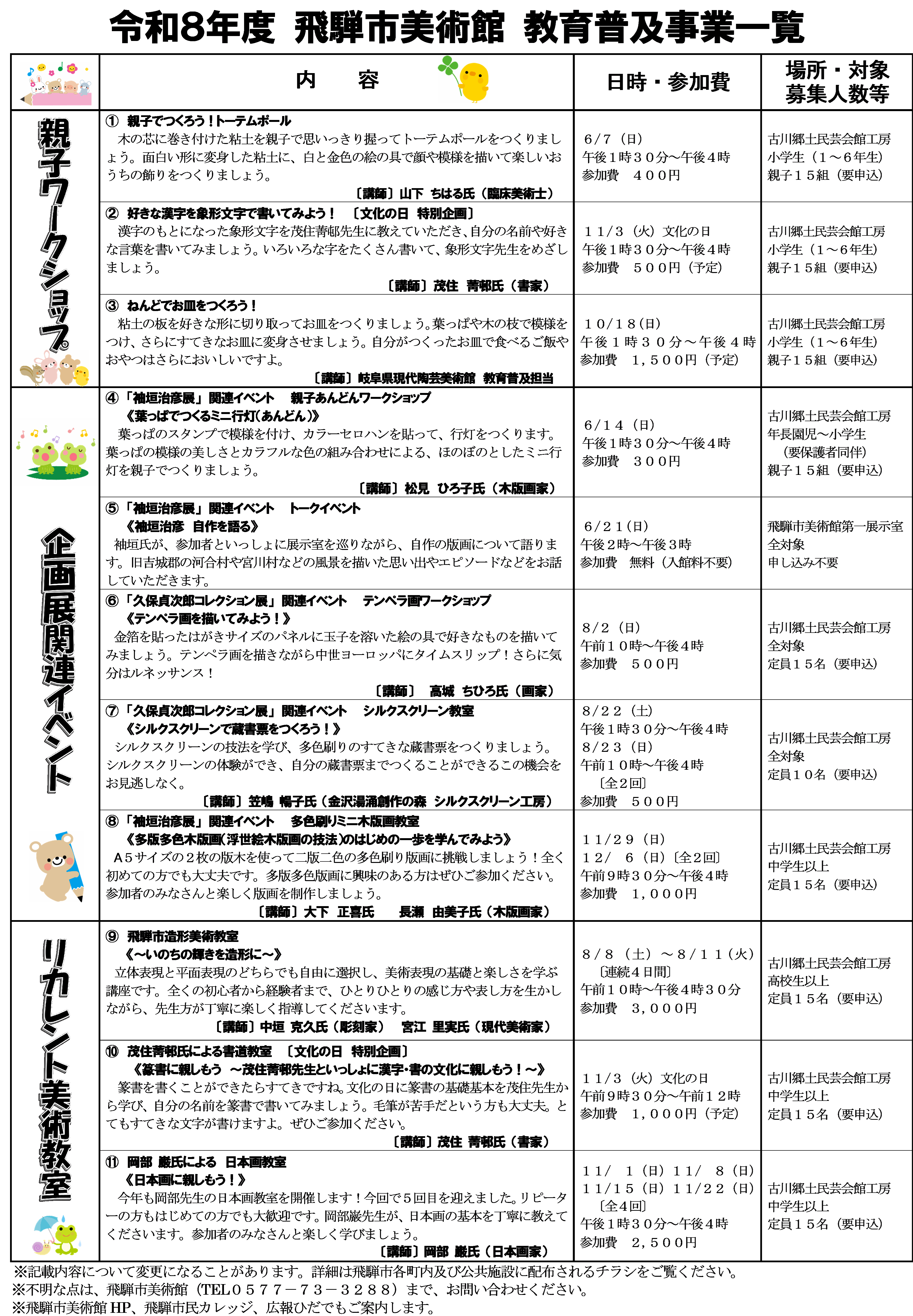 令和8年度　飛騨市美術館　教育普及事業一覧