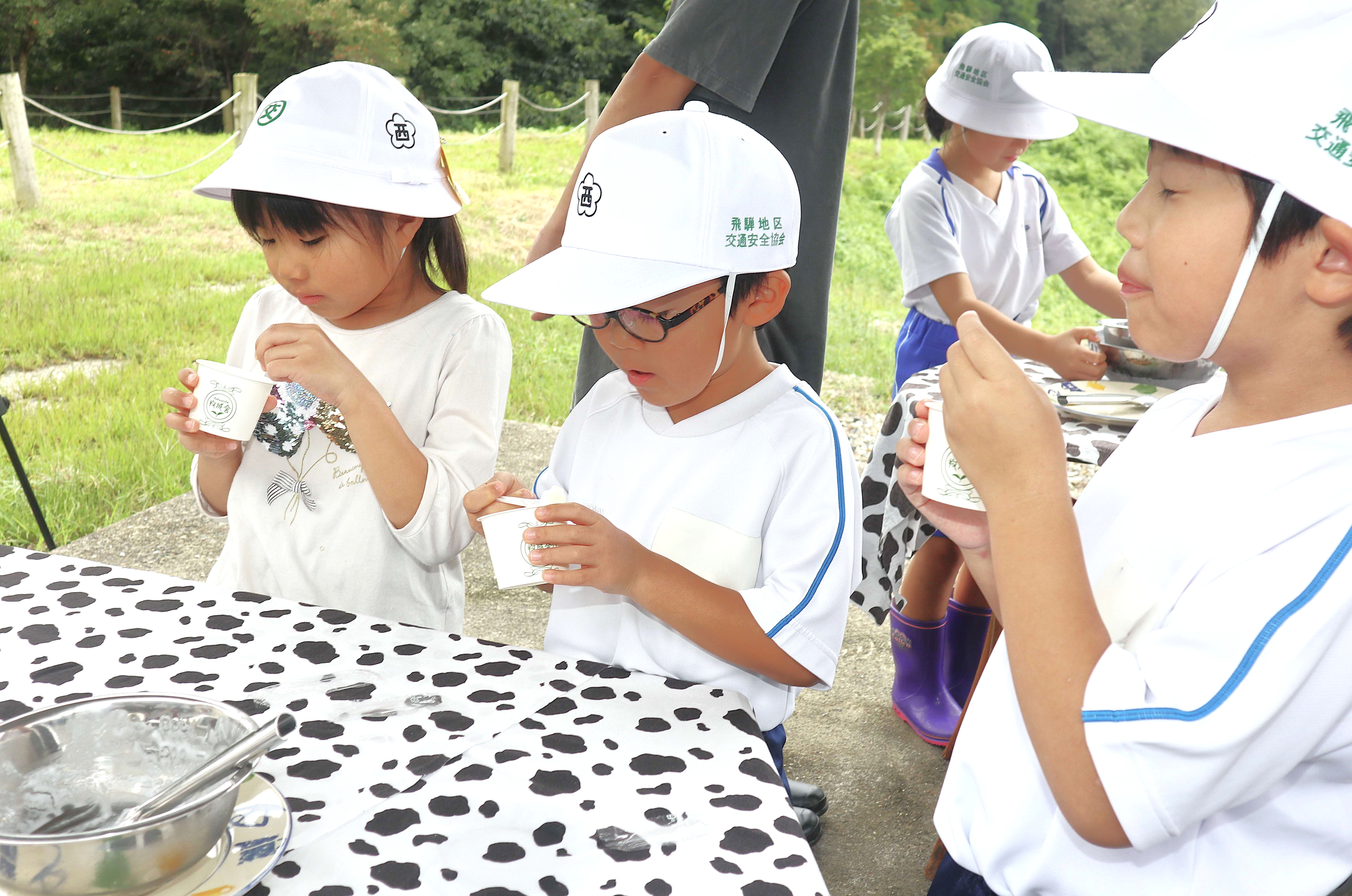 古川西小の児童らが牧場で牛の餌やりや乳製品づくりを体験しました