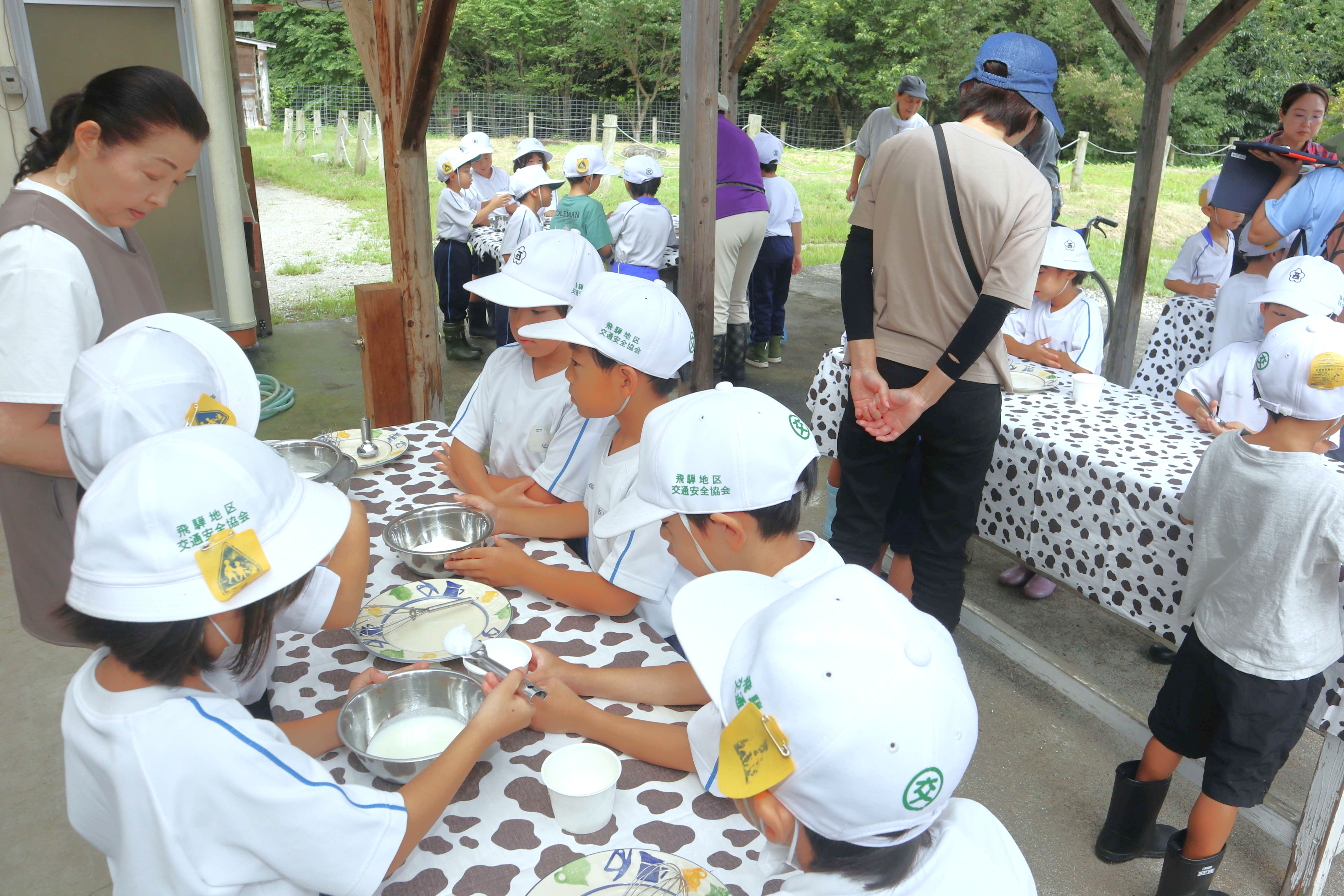 古川西小の児童らが牧場で牛の餌やりや乳製品づくりを体験しました
