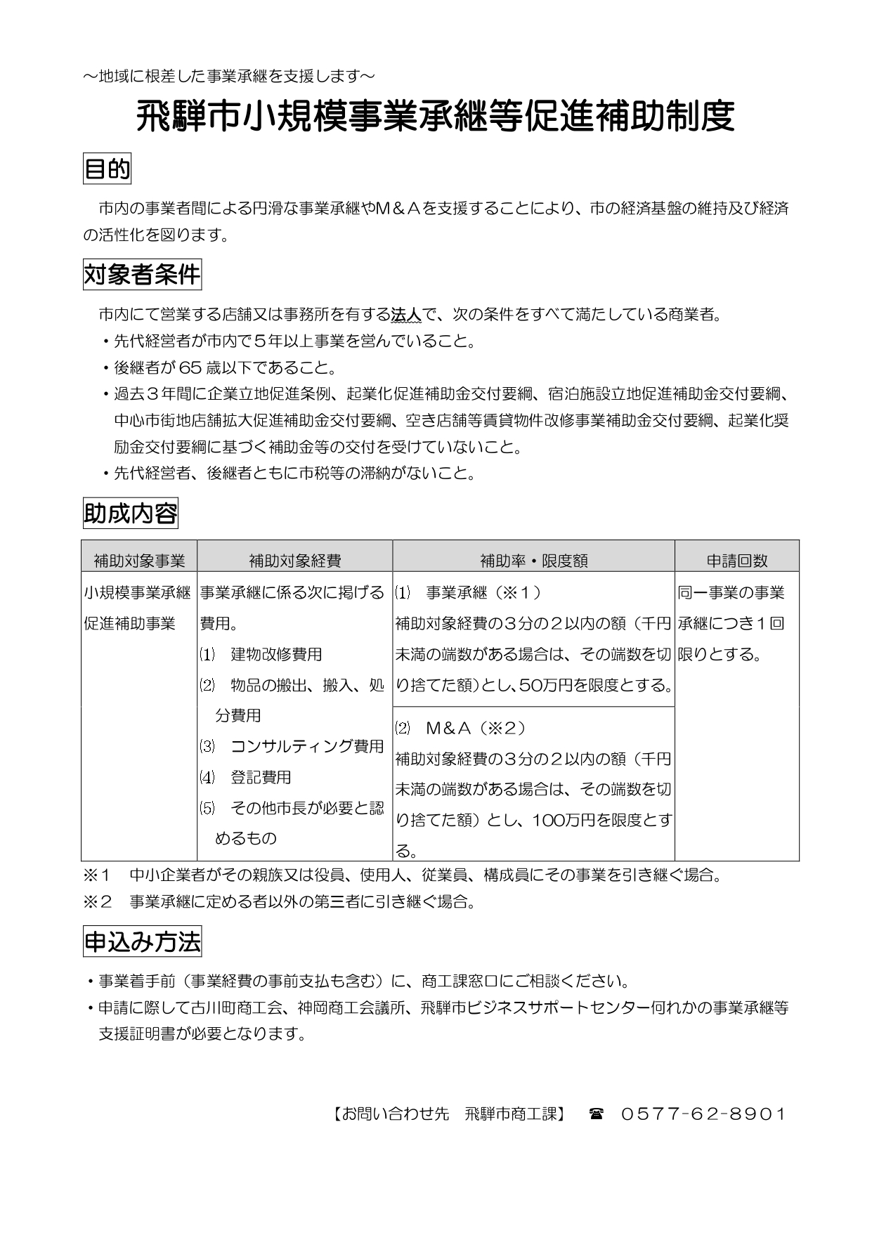 飛騨市小規模事業承継等促進補助制度チラシ