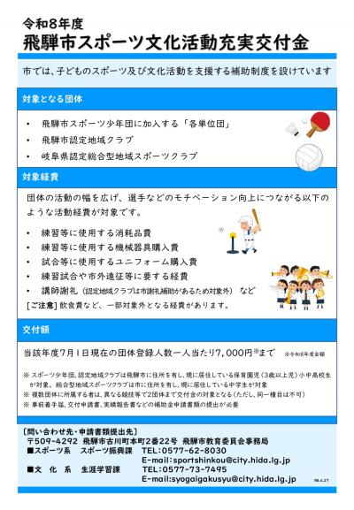 令和8年度 飛騨市スポーツ文化活動充実交付金